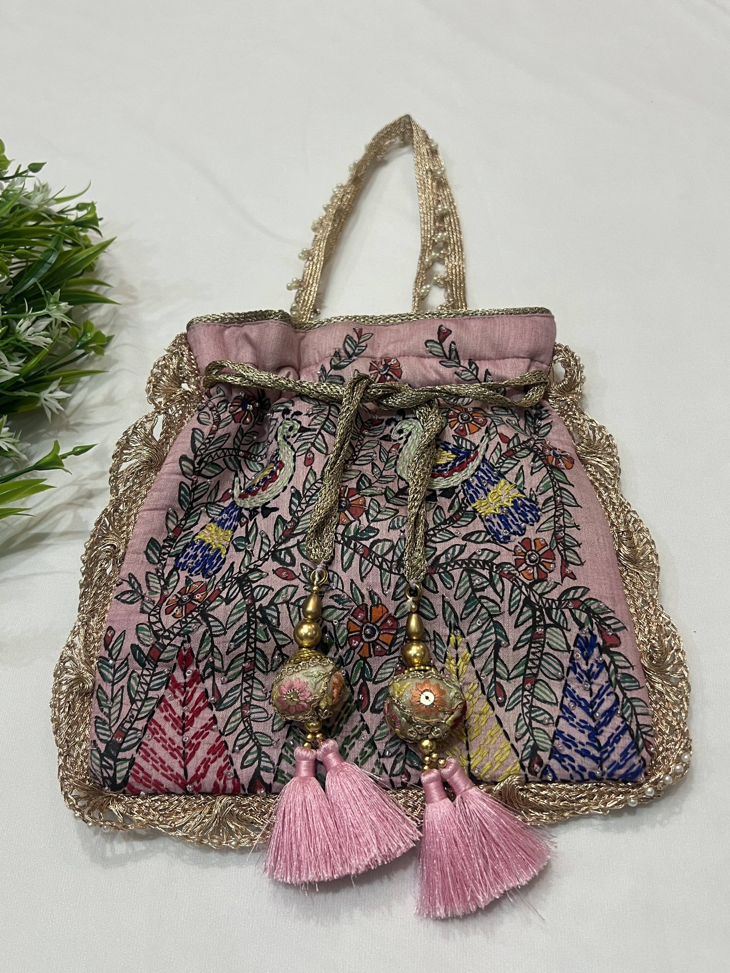 Hand-Painted Pink Potli with Madhubani and Sujni Hand Embroidery